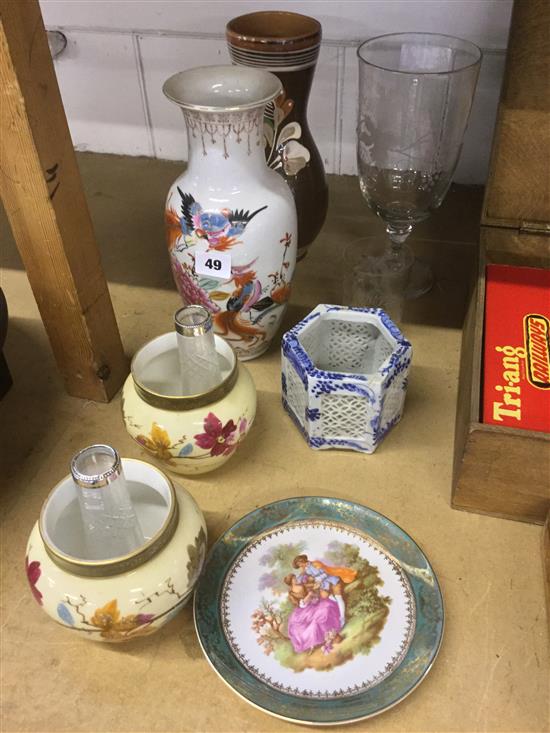 Pair silver mounted vases & mixed ceramics & glass